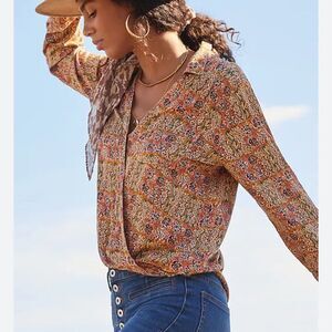 Anthropologie Pilcro Pink Gold Surplice High Low Tisha Blouse Size L